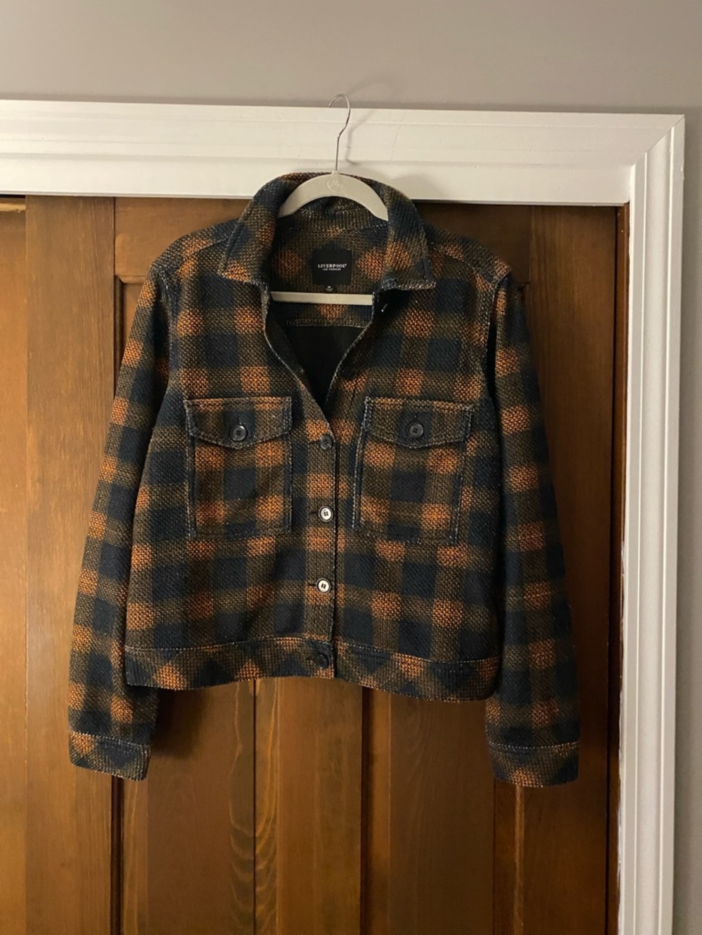 Liverpool Black & Orange Plaid Cropped Button-Up shacket medium
